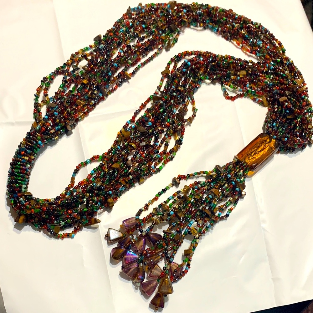 Vintage Handmade 15-Strand Multicolor Murano Glass Bib Necklace#315